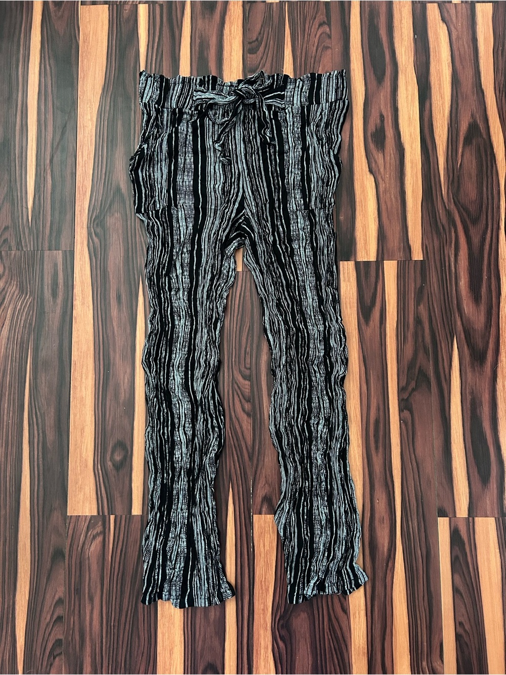 Joe Benbasset Black & Gray Striped Paperbag-Waist Wide Leg Pants
